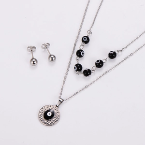 Detailed view of silver evil eye necklace and matching round stud earrings jewelry set