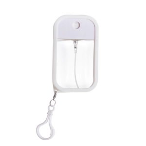Detail view of a 50ml portable plastic mist spray bottle with white frame and snap hook