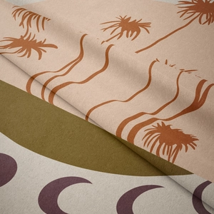 Detailed close-up of bohemian wall tapestry showing soft texture and palm tree moon prints