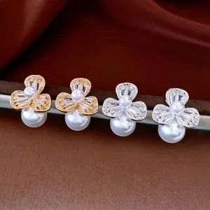 Flower Artificial Pearl Drop Earrings With Silver Earring Post Zircon Inlaid Copper French Style Elegant Jewelry For Women