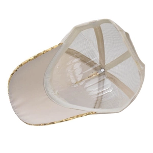 Close-up of breathable beige mesh baseball cap with shiny gold sequins details