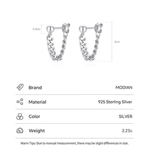 Minimalist S925 sterling silver chain drop earrings for women with detailed size measurements