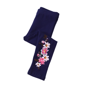 Leggings bleus en coton pour filles avec broderie florale exquise sur le bas de la jambe