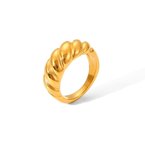 Chic gold stainless steel croissant dome ring with a polished spiral twisted design