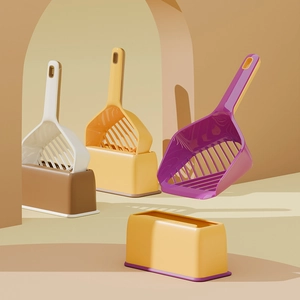 Cat litter scoop set with base in white, yellow and purple for easy toilet cleaning