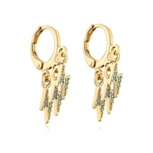 Detail of 18K gold-plated lightning bolt hoop earrings with turquoise stone accents