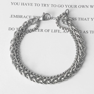 Silver double layer stainless steel chain bracelet with lobster clasp for men