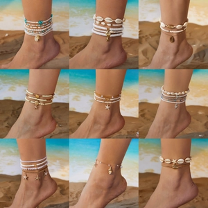Bohemian Multilayer Anklet Alloy Shell Synthetic Artificial Pearl Beaded Starfish Turtle Heart Pendants Summer Beach Vacation Jewelry Women