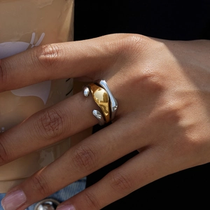 Minimalist 18K gold and silver two-tone triple layer cutout textured open ring