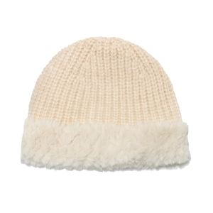 Close-up of winter knit bucket hat with thick ribbed texture and faux fur trim detail