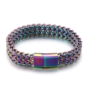 Men's double row rainbow woven dragon bone chain bracelet in titanium steel