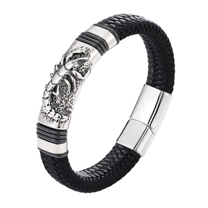 Men's punk braided leather bracelet with embossed scorpion pattern on stainless steel clasp