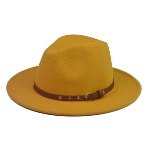 Yellow wool felt fedora hat with brown decorative belt buckle and metal studs detail