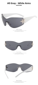 Detailed views of rimless Y2K star sunglasses with white temples and gold star accents