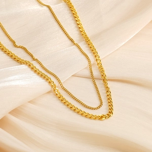 Detailed view of layered gold-plated stainless steel Cuban and rope chain necklace