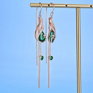 Rose gold emerald peacock long thread earrings with sparkling crystal accents