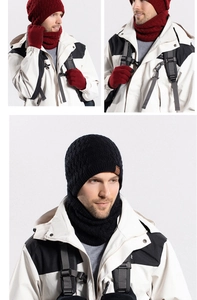 Close-up of men's winter knit set featuring beanie, scarf, and touch screen gloves in burgundy