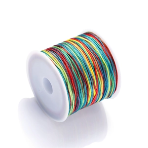 Macro detail of multicolored gradient braided cord on white spool with mirror reflection