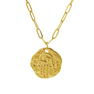 Collier main de Fatma doré vintage avec œil protecteur et chaîne trombone chic