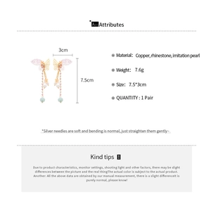 Detailed size chart and material specs for crystal butterfly tassel drop earrings