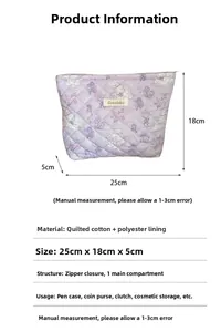 Detailed view of lavender quilted cotton makeup bag with floral patterns and dimensions