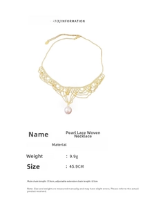 Detailed dimensions of pearl lace woven necklace with weight and length specifications