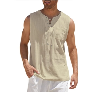 Detailed view of men's sleeveless linen shirt with lace-up V-neck and chest pocket