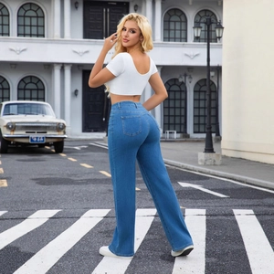 Women's high waist wide leg blue denim jeans featured in a stylish street fashion view