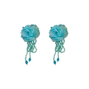 Elegant silver needle fabric flower earrings with light blue beaded tassel drops