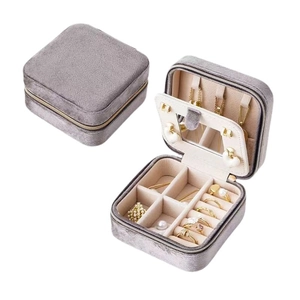 Portable gray velvet jewelry box with mirror and multi-compartment storage organizer