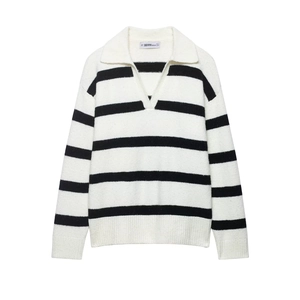 Women Knit Sweater Black White Striped V Neck POLO Collar Long Sleeve Casual Chic Pullover Top