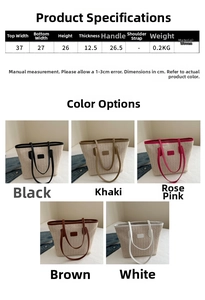 Size chart showing large straw tote dimensions and five color options for beach bags