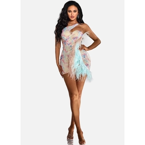 Chic one-shoulder sequin mini dress with colorful ostrich feathers and slim fit