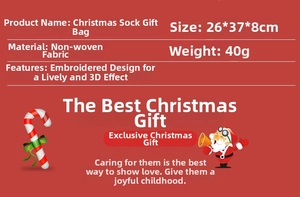 Detail of Christmas stocking gift bag with dimensions and Santa applique embroidery