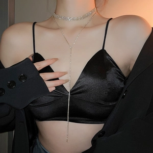 Exquisite double-layer rhinestone choker with long tassel necklace for formal party style