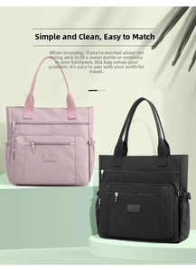 Détail de grands sacs cabas en nylon rose et noir avec un design multi-poches fonctionnel