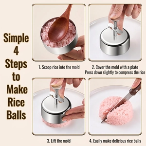 Steps to use the stainless steel rice ball and cake mold with a spring pressure handle