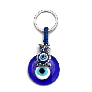 Detail of blue glass evil eye keychain with silver owl charm and braided blue cord