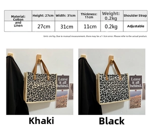 Size chart showing cotton linen leopard print tote bag dimensions and brown handles