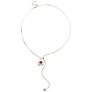 Silver snake chain Y-necklace with red floral pendant and minimalist metal bead drop