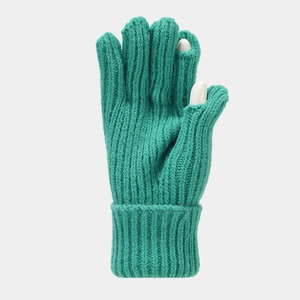 Detail of teal knit gloves with open finger design for easy touchscreen use