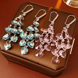 Heart Shape Glass Crystal Tassel Dangle Earrings With Zircon Alloy Steel Earring Post Forest Style Sweet Chic For Women