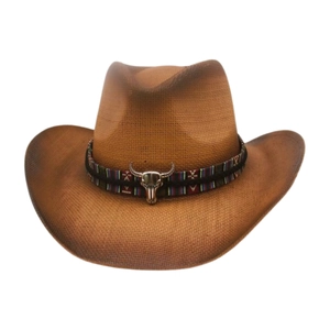 Chapeau de cowboy marron tissé avec bande de style ethnique et ornement tête de taureau