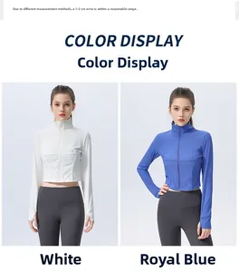 Detail view of slim fit yoga jackets with thumb holes and full zipper in white and blue