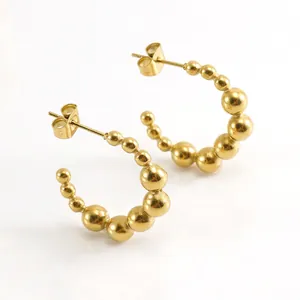 Beaded Hoop Earrings Stainless Steel 18K Gold Plated C Shape Graduated Beads Fashion Jewelry For Women Chic Style