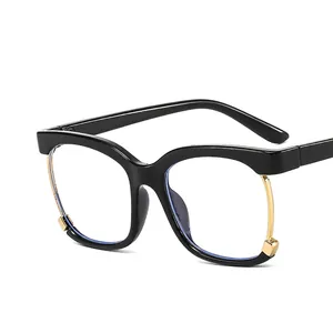 Black square anti-blue light glasses with retro gold metal trim shown from 45-degree angle