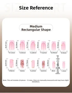 Guide des tailles détaillé pour ongles press-on français roses 3D à forme carrée