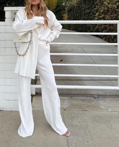 Women Pleated Pants And Long Sleeve Wrinkled Shirt Wide Leg Trousers Solid Color Casual Streetwear