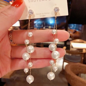 Long Tassel Artificial Pearl Drop Earrings Alloy Zircon Jewelry With 925 Sterling Silver Earring Post For Women Elegant Style
