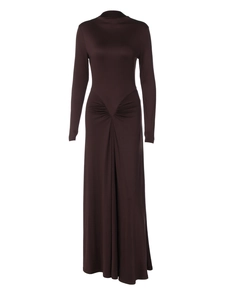 Elegant chocolate brown long sleeve maxi dress with gathered waist and slim fit design